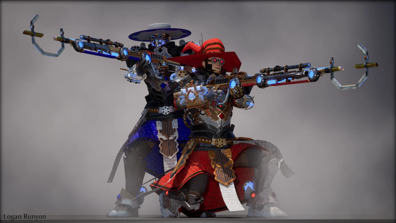 Two wizards with rifles. One wearing red and one wearing blue. Both are posing with their weapons raised