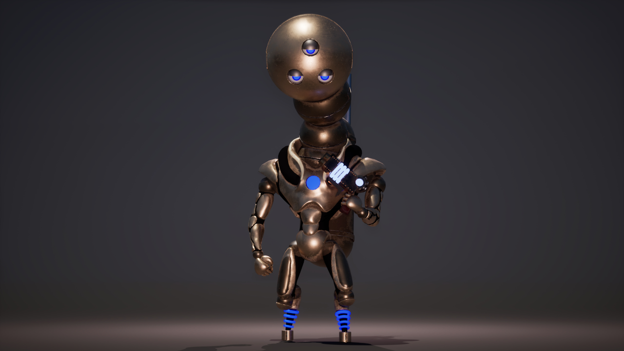 A bipedal robot with a large round head and three eyes. They are looking at the camera with an annoyed expression.