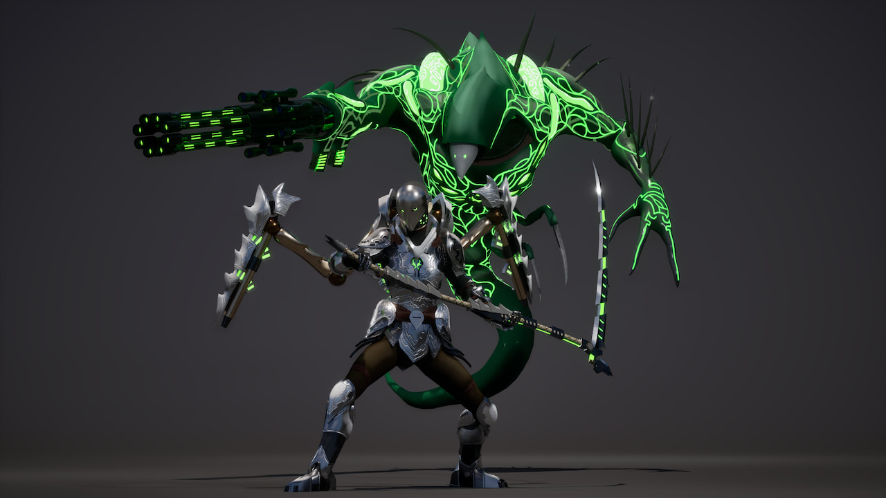 An armored human weilding a large sythe. Behind them is a green spirit creature with a large machine gun.